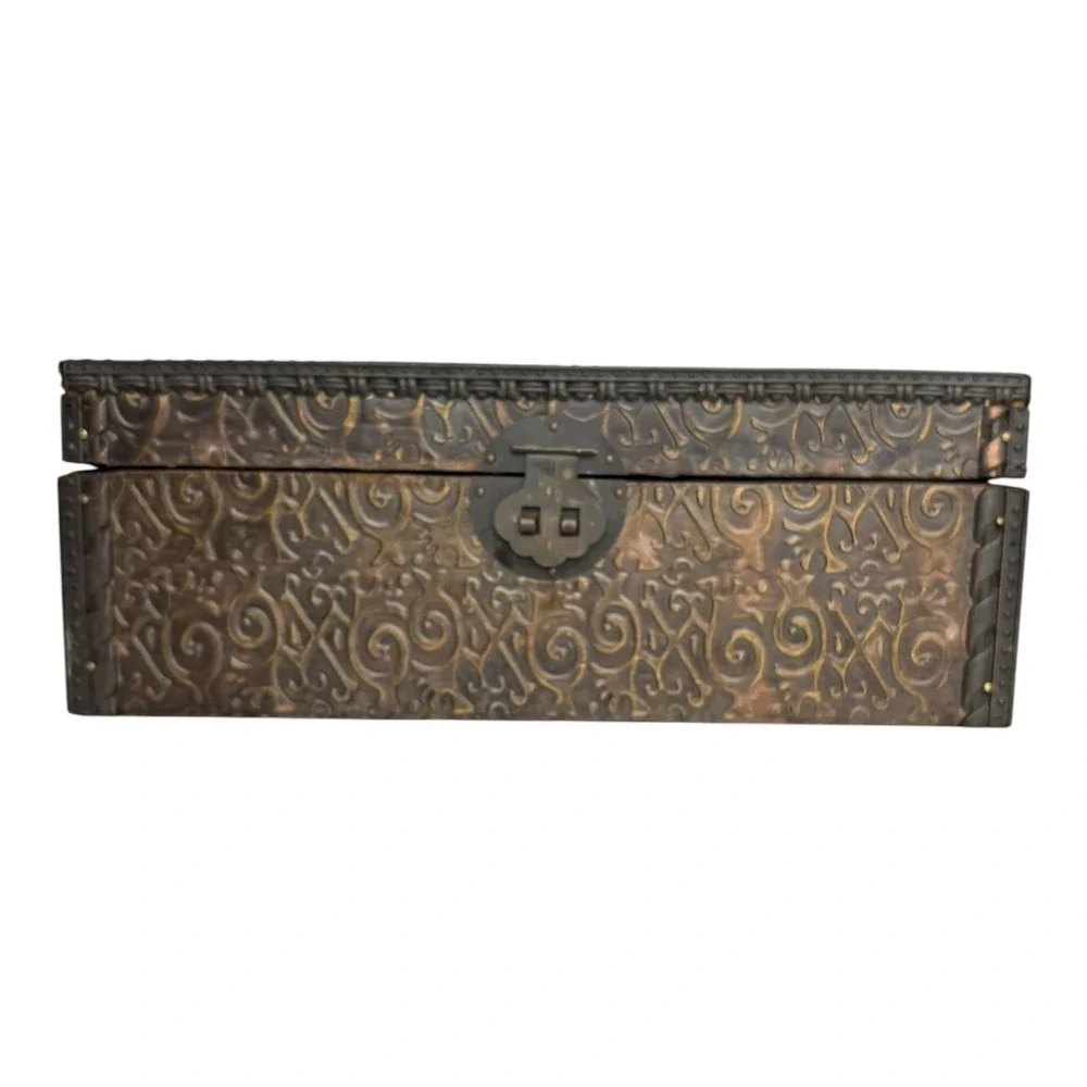 Metal & Wood Embossed Treasure Storage Box Chest Boho Lined w/ Latch 10